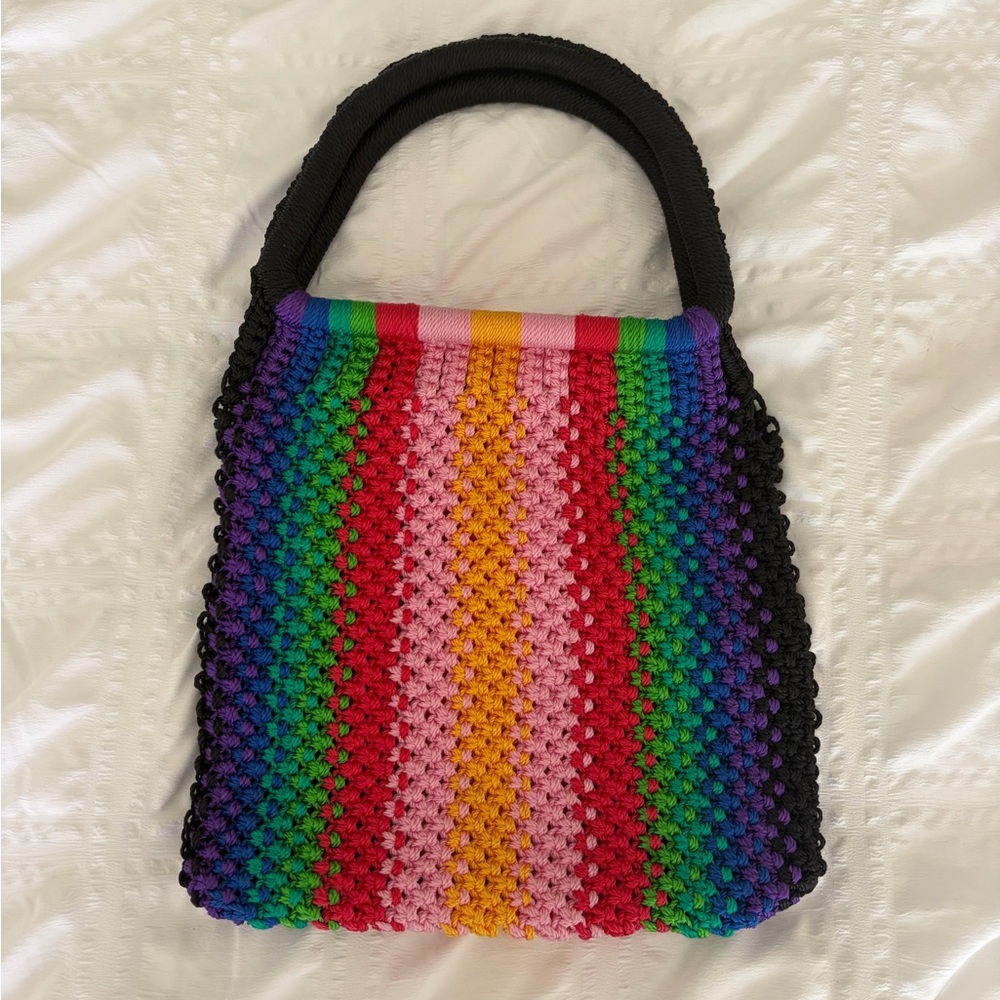 Multicolor Crochet Tote Bag - Black Trim